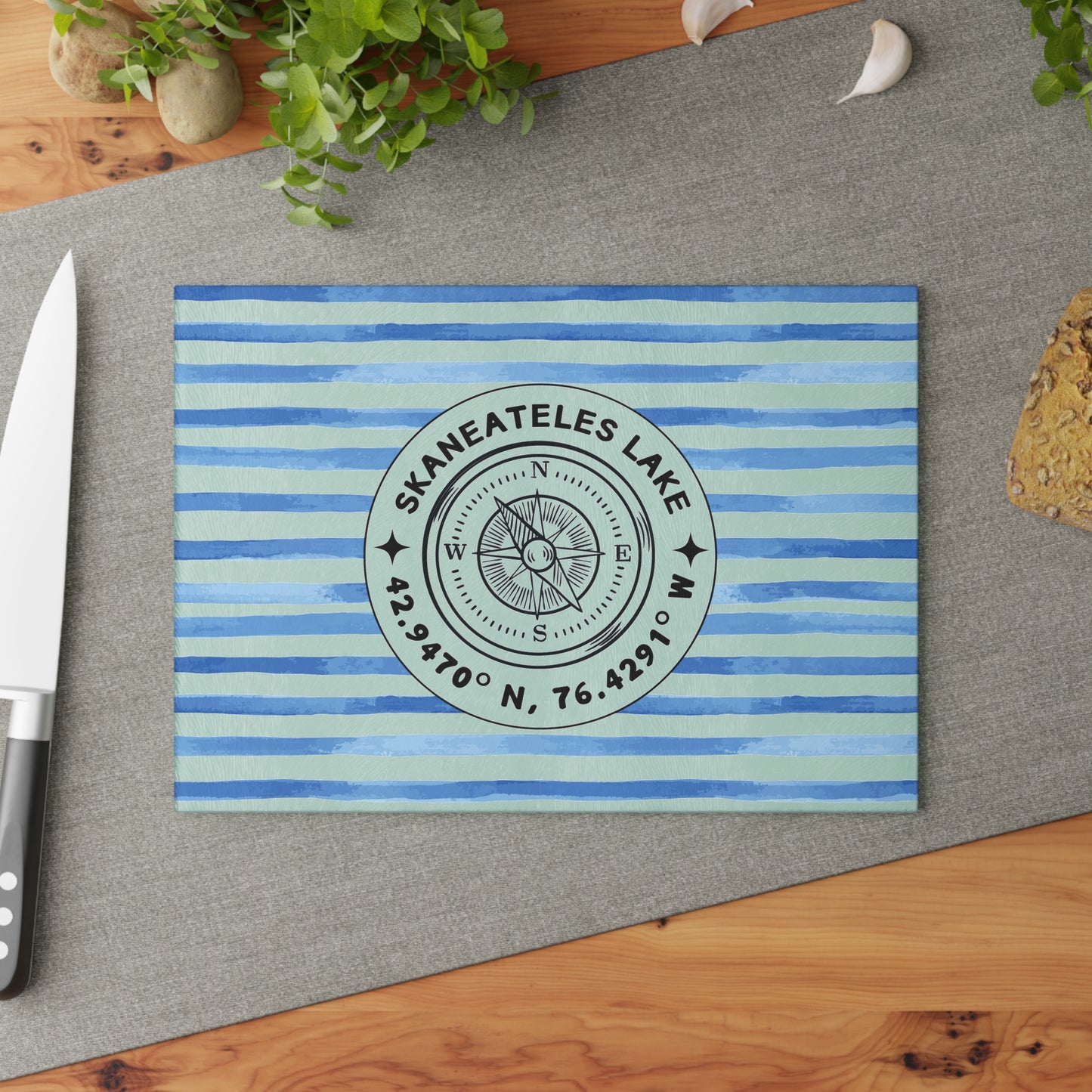 Skaneateles Blue Cabana Stripe Glass Cutting and Charcuterie Board