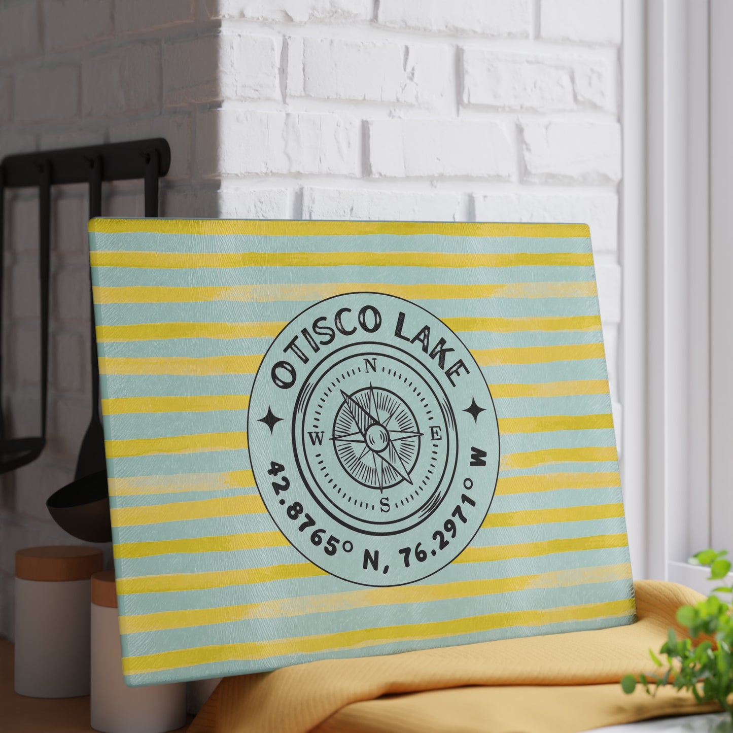 Otisco Lake Yellow Cabana Stripe Glass Cutting and Charcuterie Board