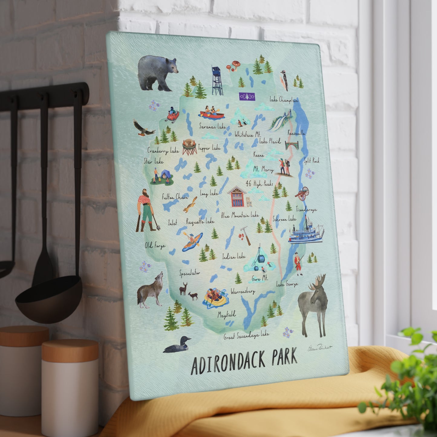 Adirondack Park, Hand Painted Map - Glass Cutting and Charcuterie Board - Perfect for Home Chefs and Outdoor Enthusiasts - Made in the USA