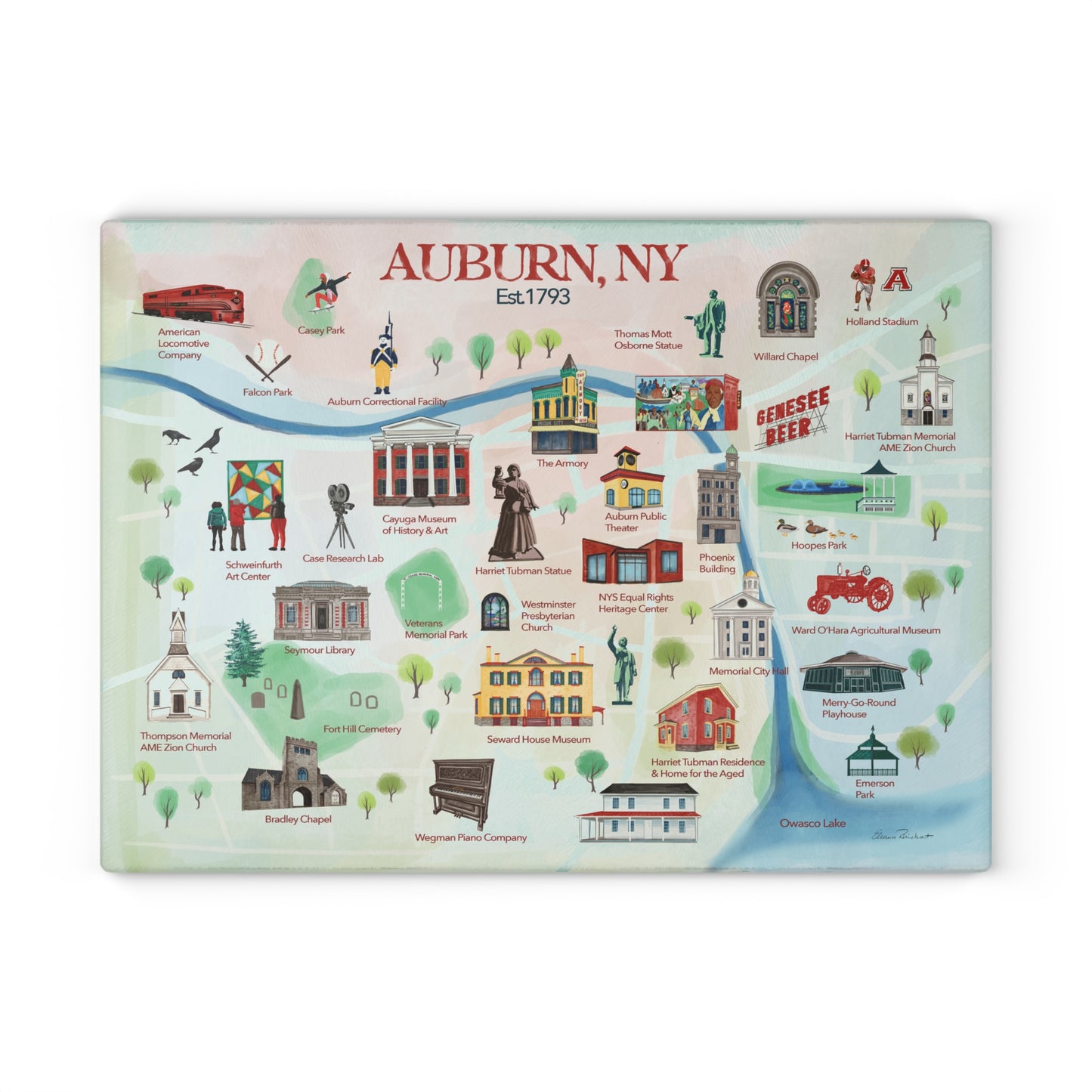 Auburn, NY Historical Landmarks Glass Cutting and Charcuterie Board