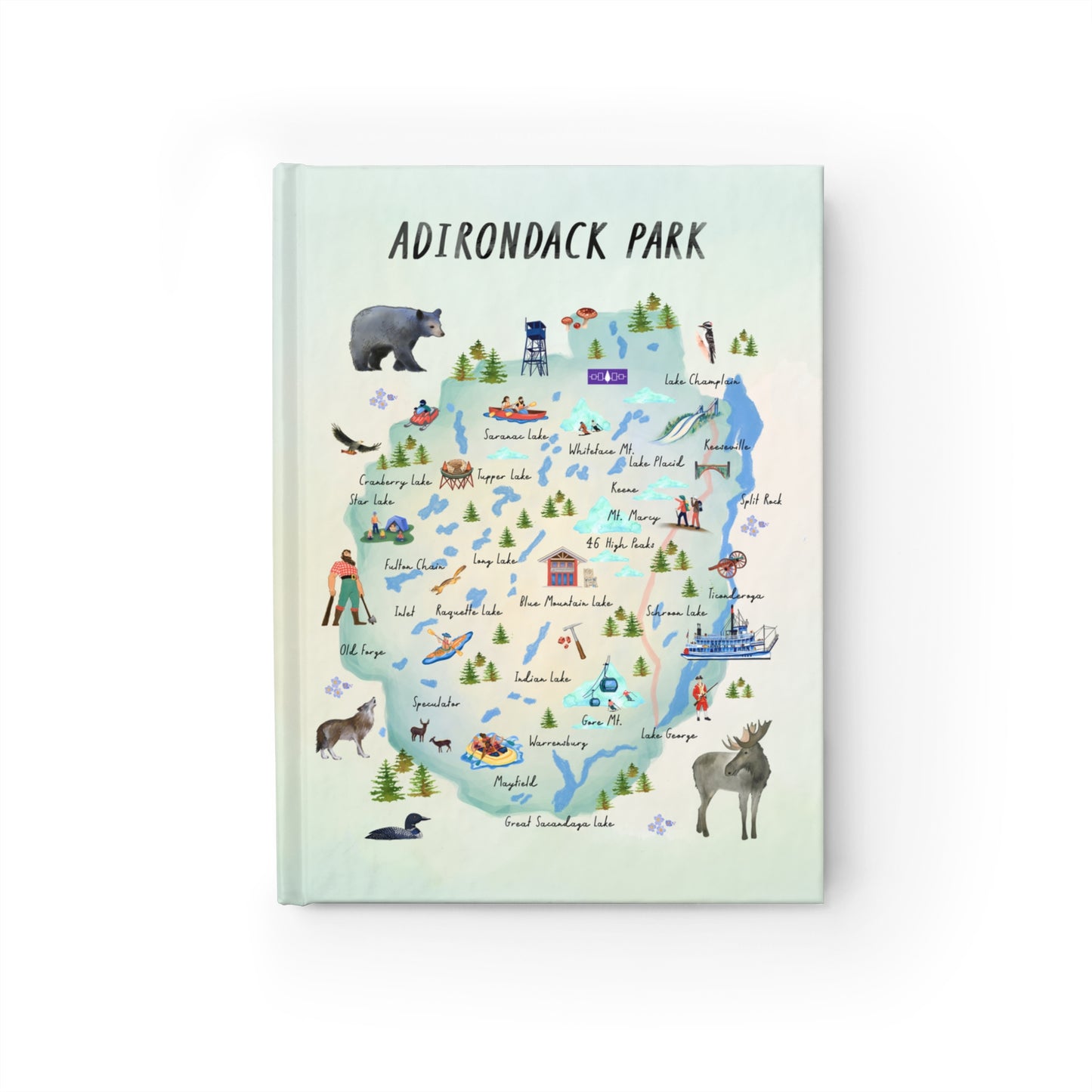Adirondack Park Watercolor Map Illustrated Journal - Explore Nature and Adventures - Made in the USA