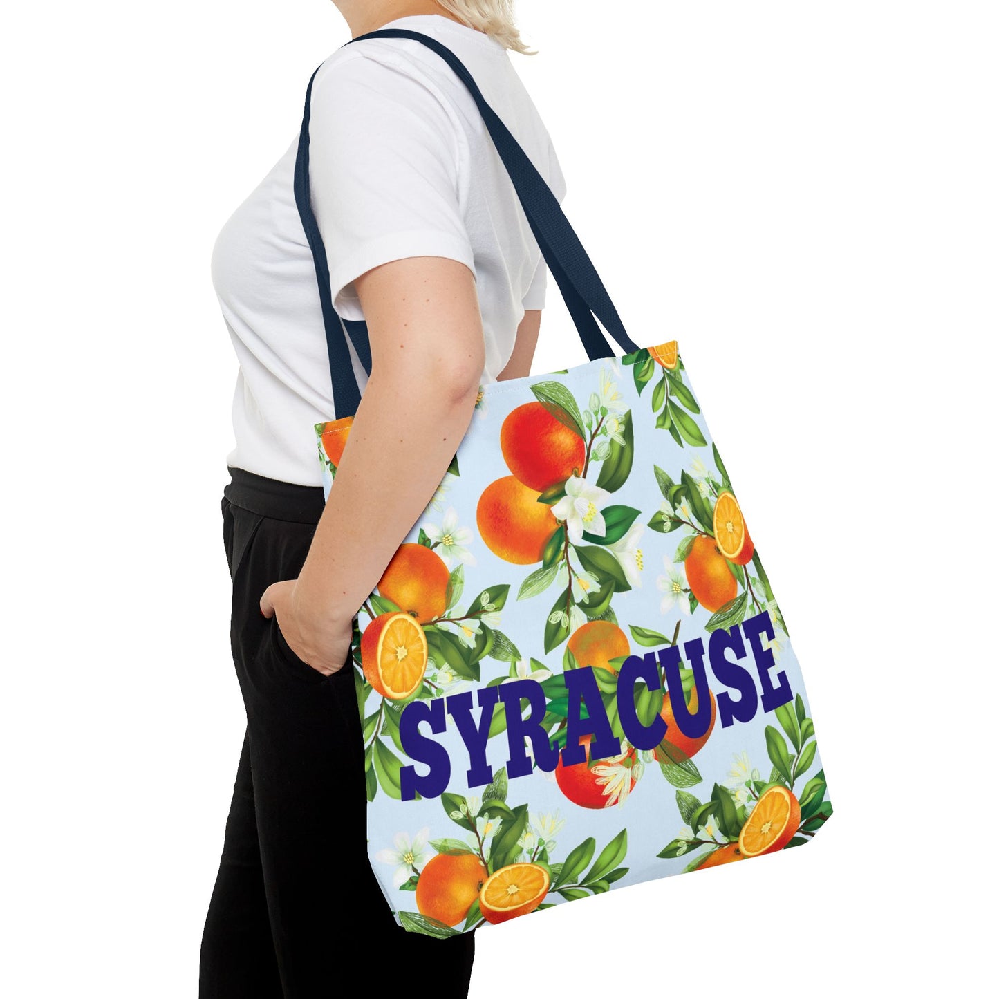 Syracuse NY Orange Blossom Compass, Blue Cabana Stripe, XL Tote Bag