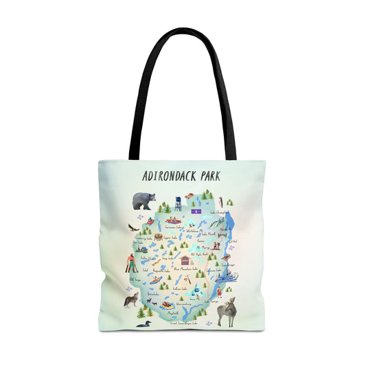 Adirondack Map Watercolor Landmarks, Animals, Towns and Lakes, Tote Bag – Eco-Friendly Nature Lover's Bag - Made in the USA