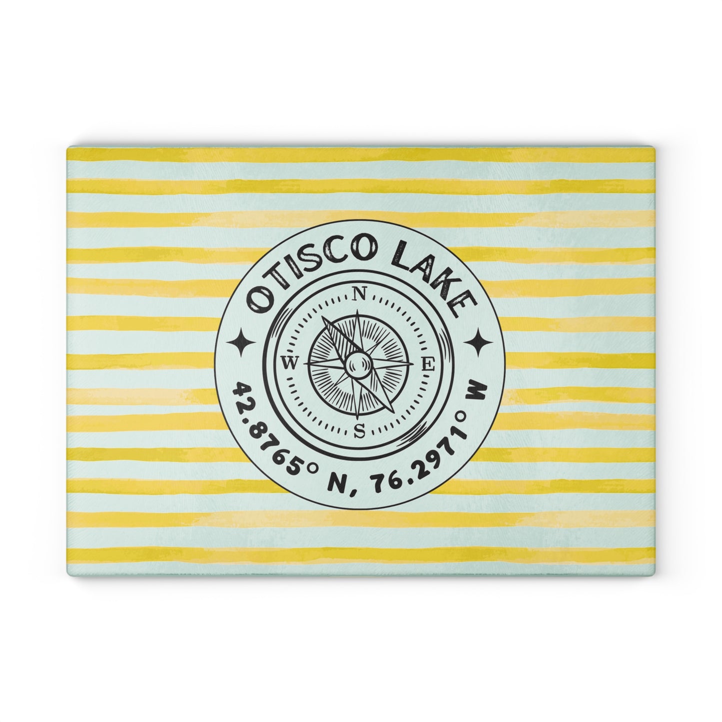 Otisco Lake Yellow Cabana Stripe Glass Cutting and Charcuterie Board