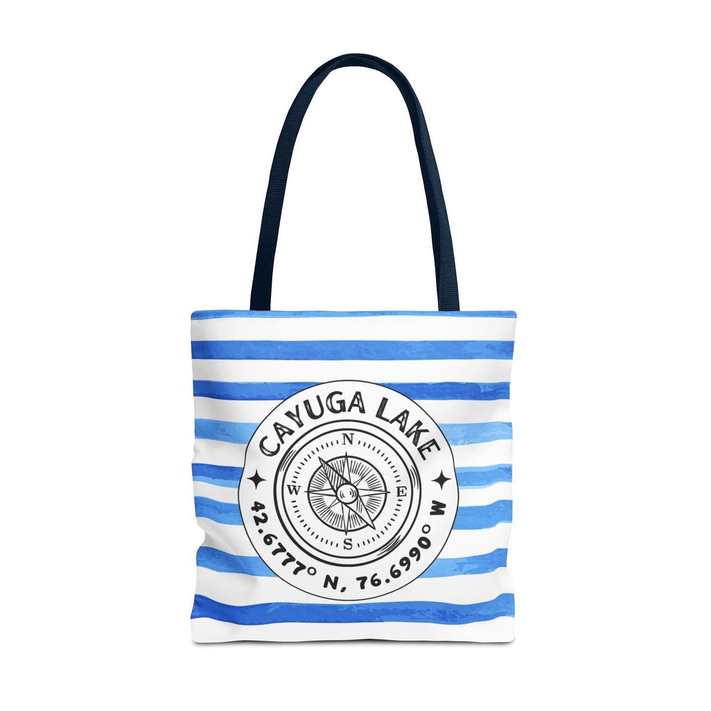 Cayuga Lake NY Compass, Blue Cabana Stripe, XL Tote Bag