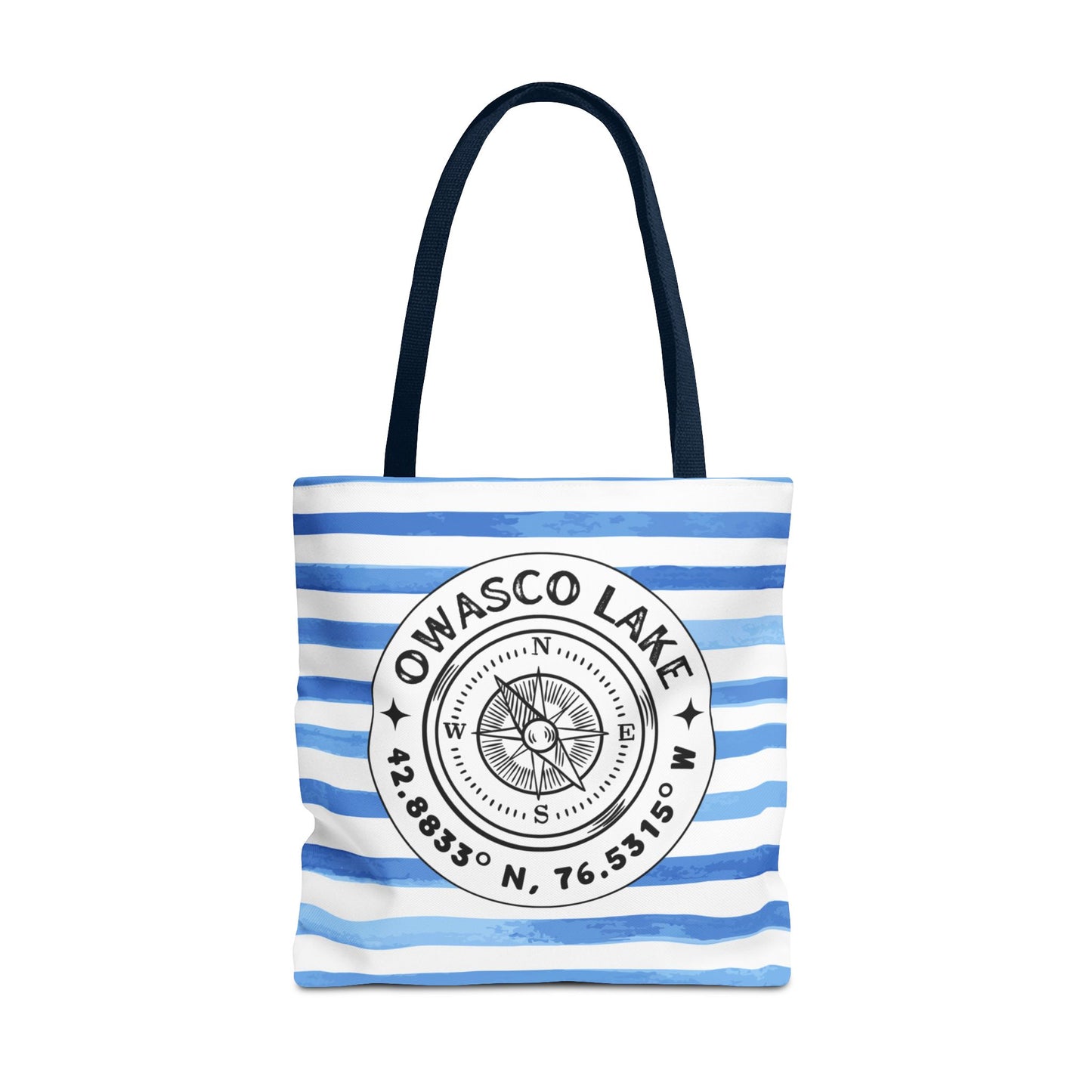 Owasco Lake NY Compass, Blue Cabana Stripe, XL Tote Bag