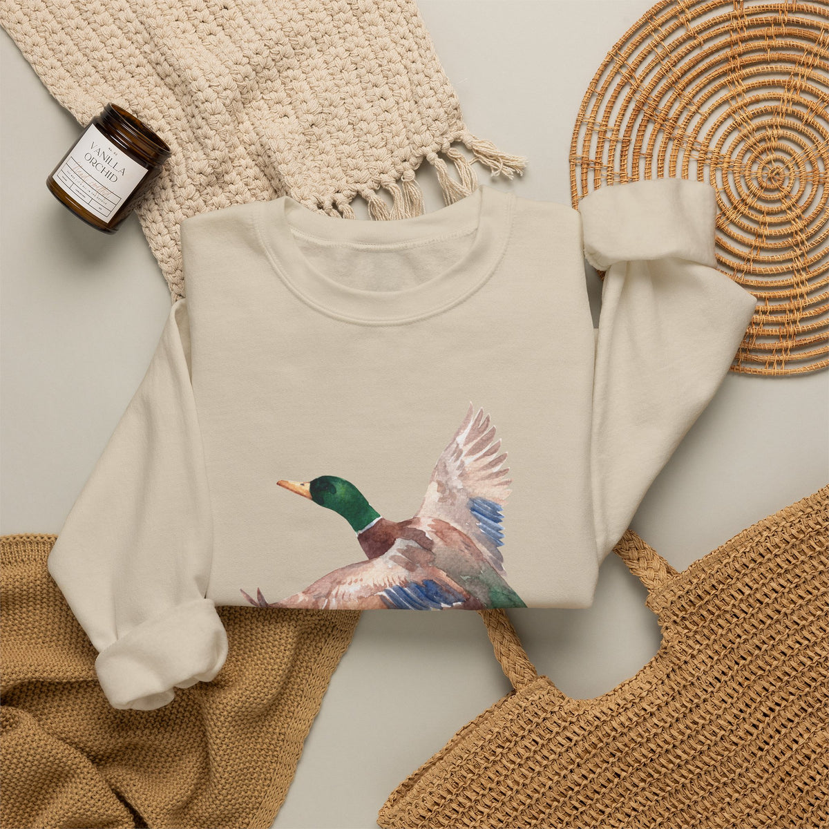 Mallard Flight Crewneck Sweatshirt — Flying Duck Nature Graphic