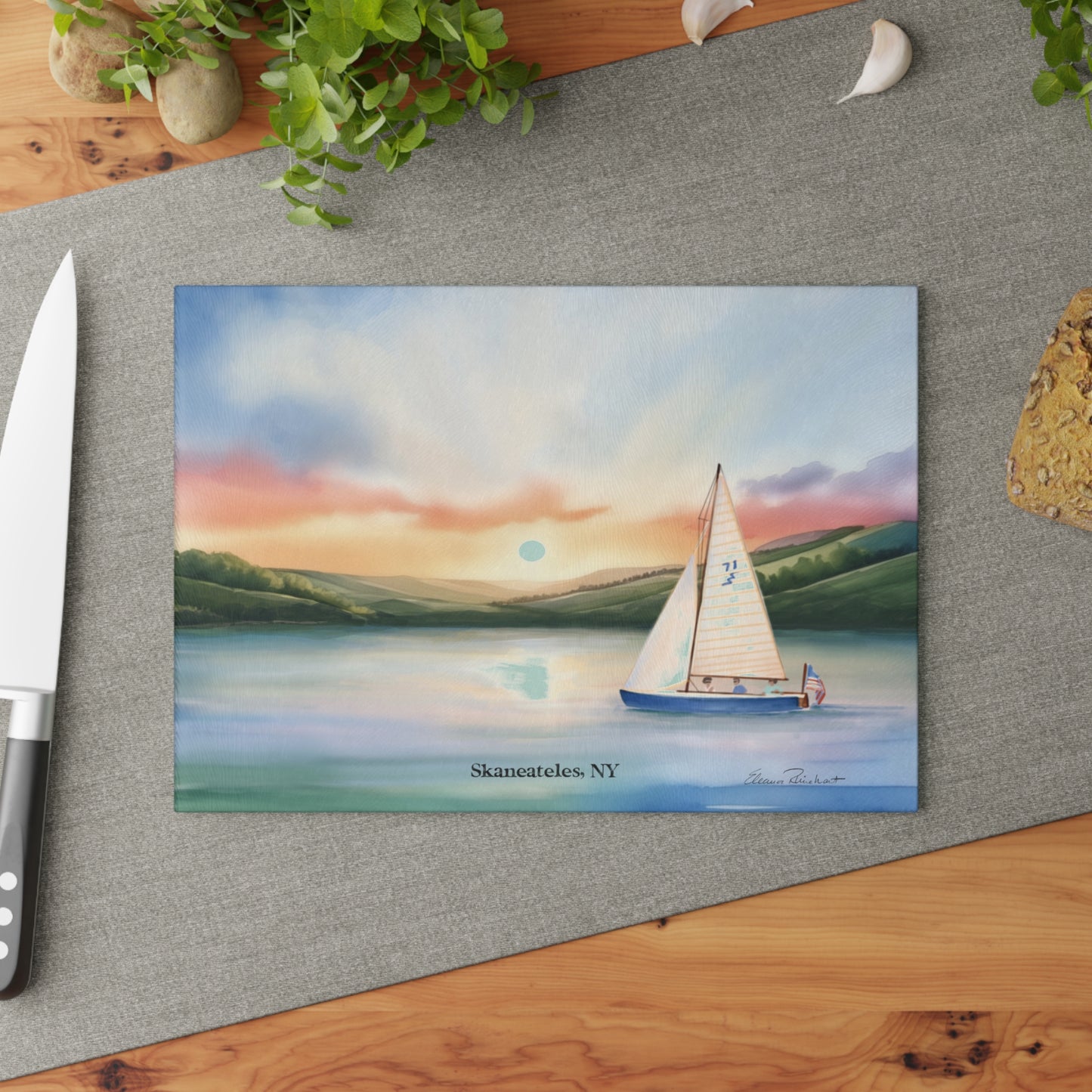 Skaneateles Sunrise Glass Cutting and Charcuterie Board