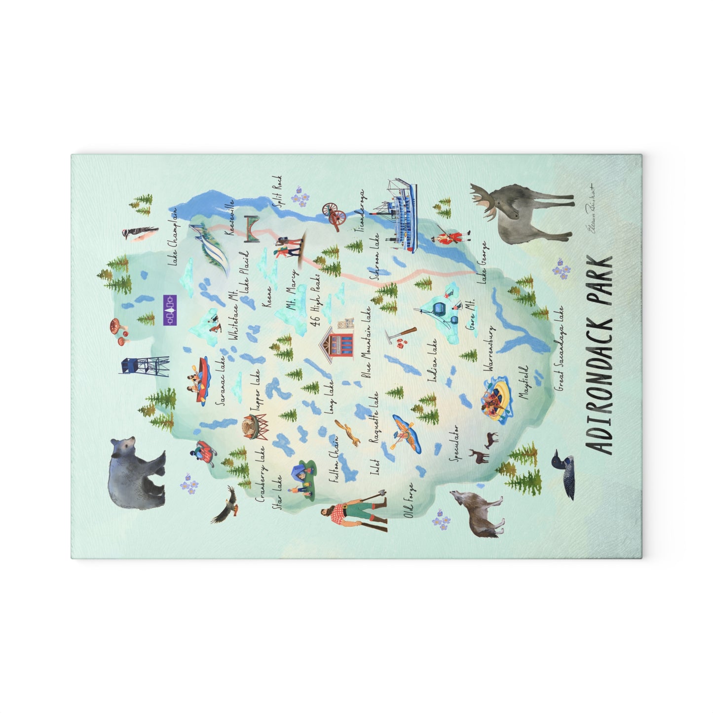 Adirondack Park, Hand Painted Map - Glass Cutting and Charcuterie Board - Perfect for Home Chefs and Outdoor Enthusiasts - Made in the USA