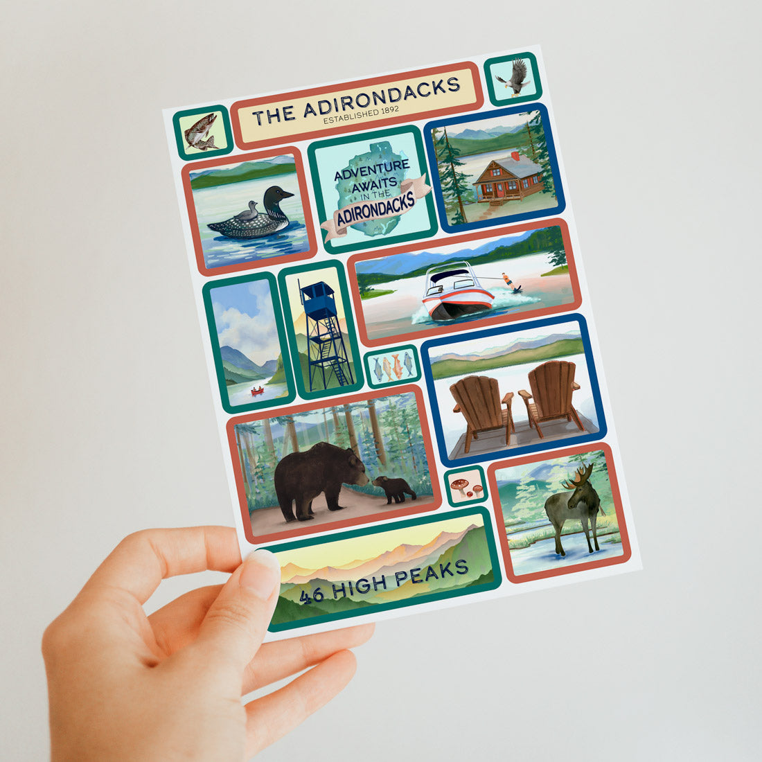 Adirondack Adventure Scenes Grid Watercolor Illustration Folded Notecard Set - Pack of 5