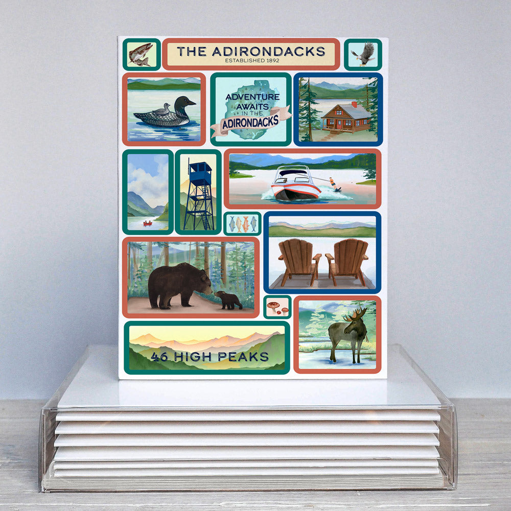 Adirondack Adventure Scenes Grid Watercolor Illustration Folded Notecard Set - Pack of 5