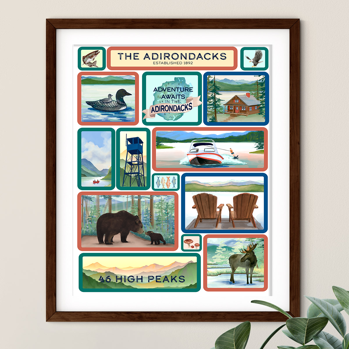 Adirondack Park, NY Summer Scenes, Hand Painted Grid Illustration - Fine Art Print - Made in the USA