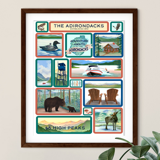 Adirondack Park, NY Summer Scenes, Hand Painted Grid Illustration - Fine Art Print - Made in the USA