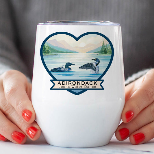Loons on a Mountain Lake, Adirondack Wine Tumbler, Stainless Steel