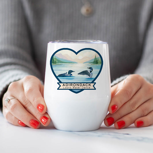 Loons on a Mountain Lake, Adirondack Wine Tumbler, Stainless Steel