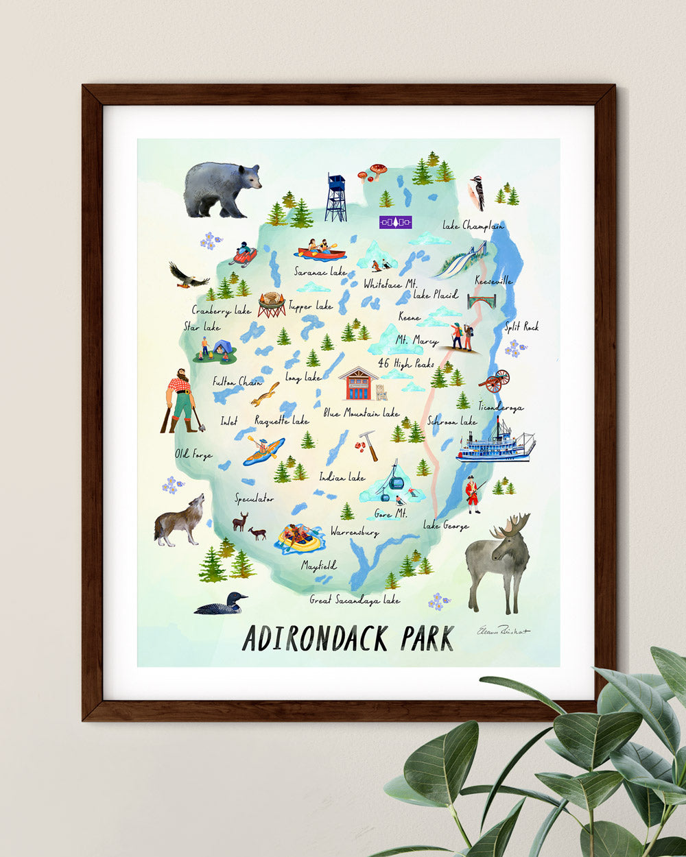 Adirondack Park, NY Hand Painted Map Illustration - Fine Art Print - Made in the USA