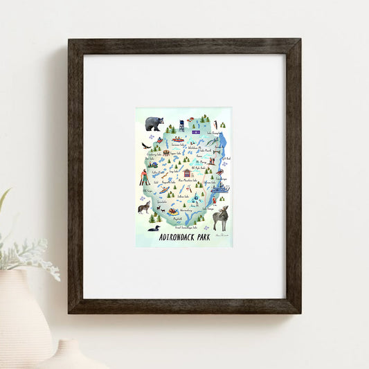 Adirondack Park, NY Hand Painted Map Illustration - Fine Art Print - Made in the USA