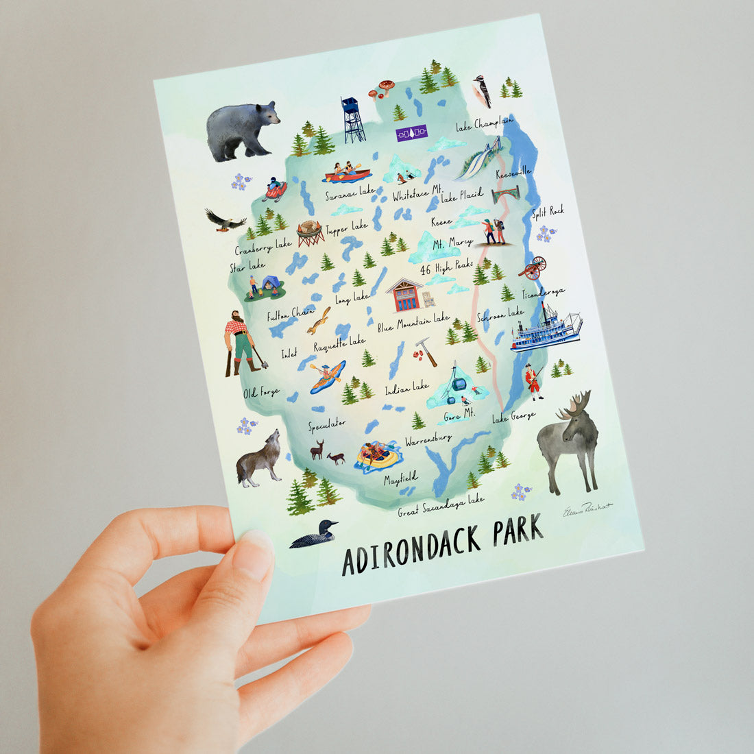 Adirondack Park, Hand Painted Map,  Folded Notecard Set 5, Made in the USA