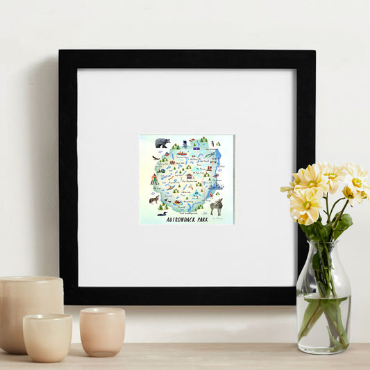 Adirondack Park Framed Mini Print of Hand Painted Watercolor Map, 4x4 in 8x8 Frame, Made in the USA