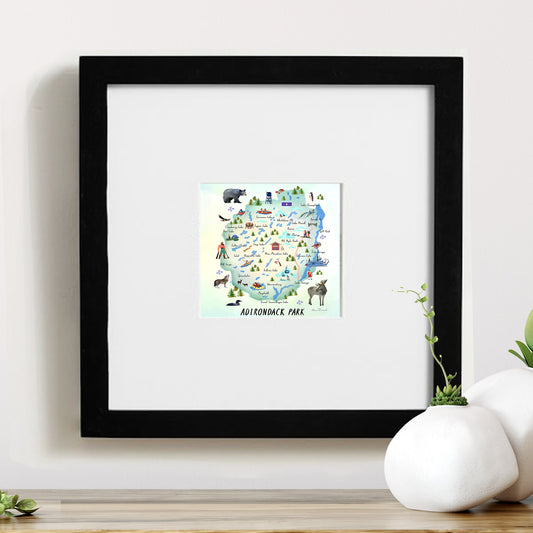 Adirondack Park Framed Mini Print of Hand Painted Watercolor Map, 4x4 in 8x8 Frame, Made in the USA