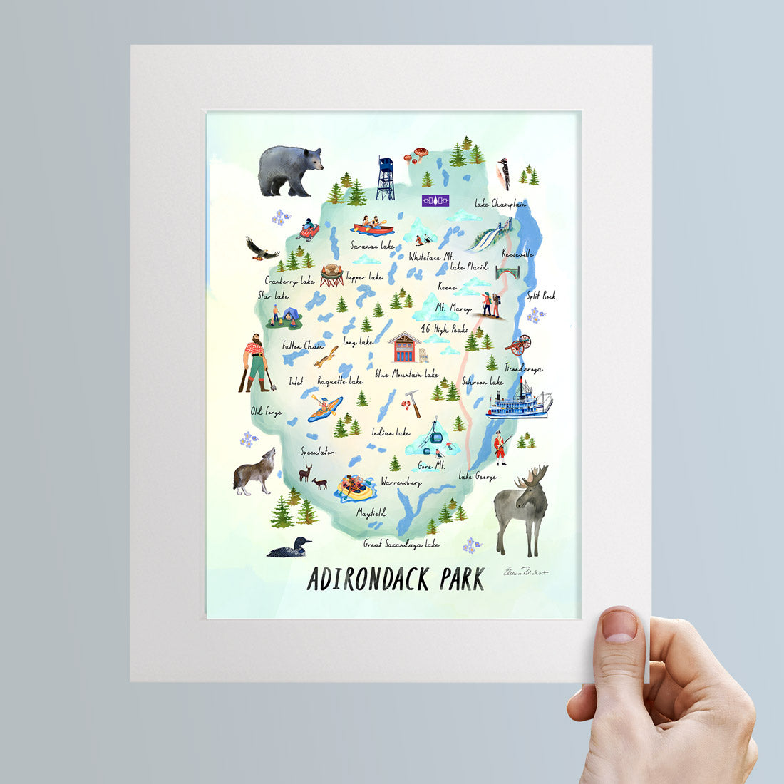 Adirondack Park, NY Hand Painted Map Illustration - Fine Art Print - Made in the USA