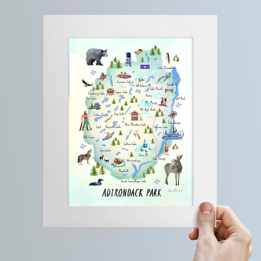 Adirondack Park, NY Hand Painted Map Illustration - Fine Art Print - Made in the USA