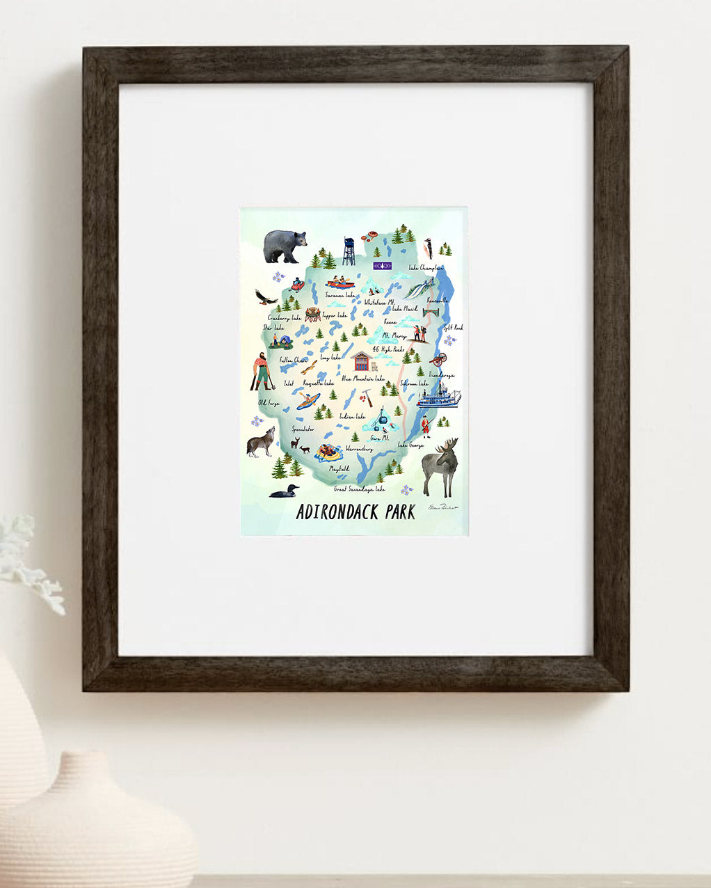 Adirondack Park, NY Hand Painted Map Illustration - Fine Art Print - Made in the USA