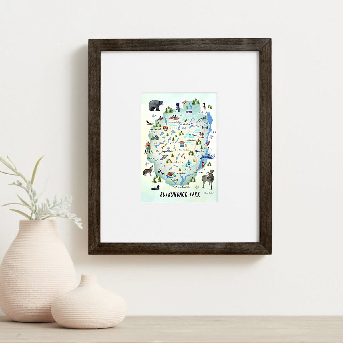 Adirondack Park, NY Hand Painted Map Illustration - Fine Art Print - Made in the USA