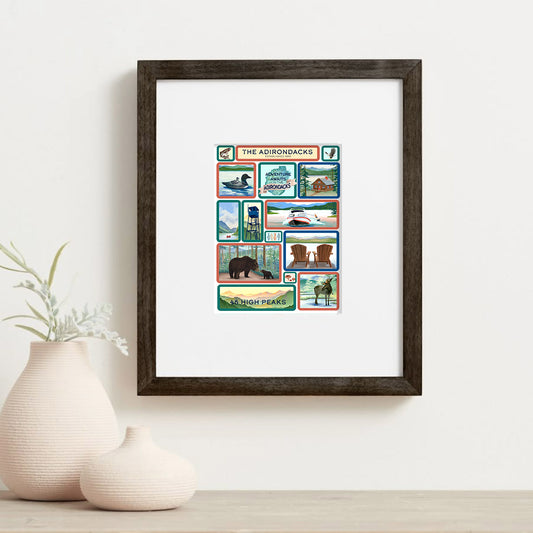 Adirondack Park, NY Summer Scenes, Hand Painted Grid Illustration - Fine Art Print - Made in the USA