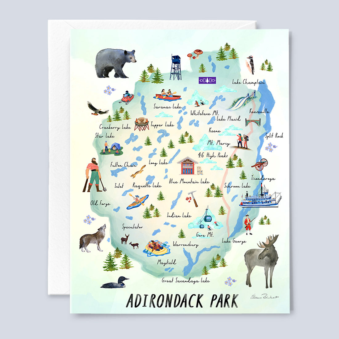 Adirondack Park, Hand Painted Map,  Folded Notecard Set 5, Made in the USA