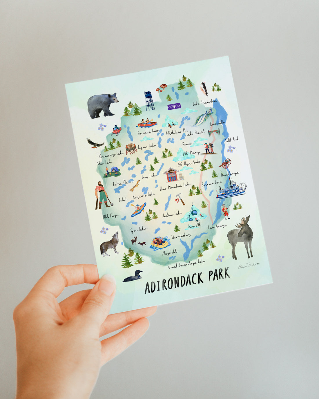 Adirondack Park, Hand Painted Map,  Folded Notecard Set 5, Made in the USA
