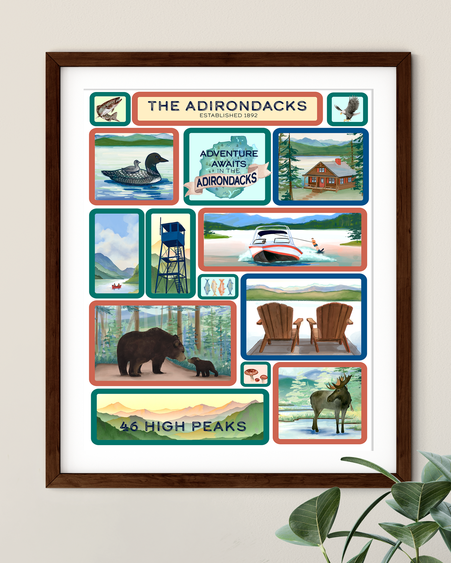 Adirondack Park, NY Summer Scenes, Hand Painted Grid Illustration - Fine Art Print - Made in the USA