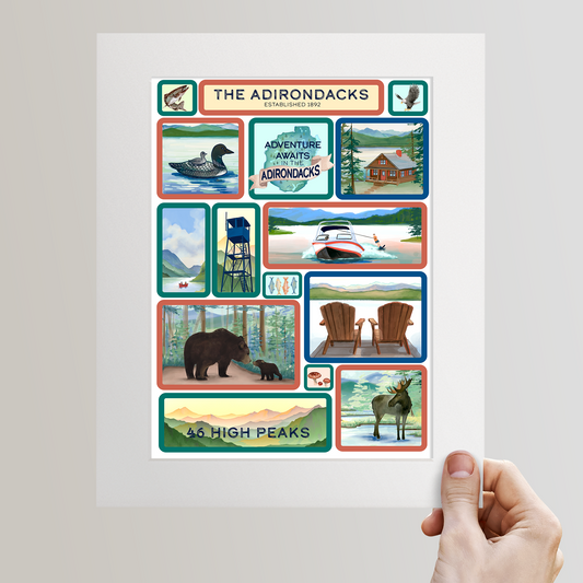 Adirondack Park, NY Summer Scenes, Hand Painted Grid Illustration - Fine Art Print - Made in the USA