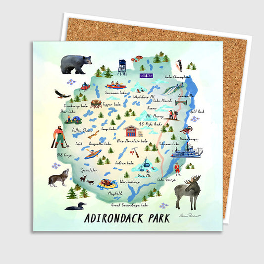 Adirondack Map Ceramic Art Tile – Illustrated Coaster with Cork Backing