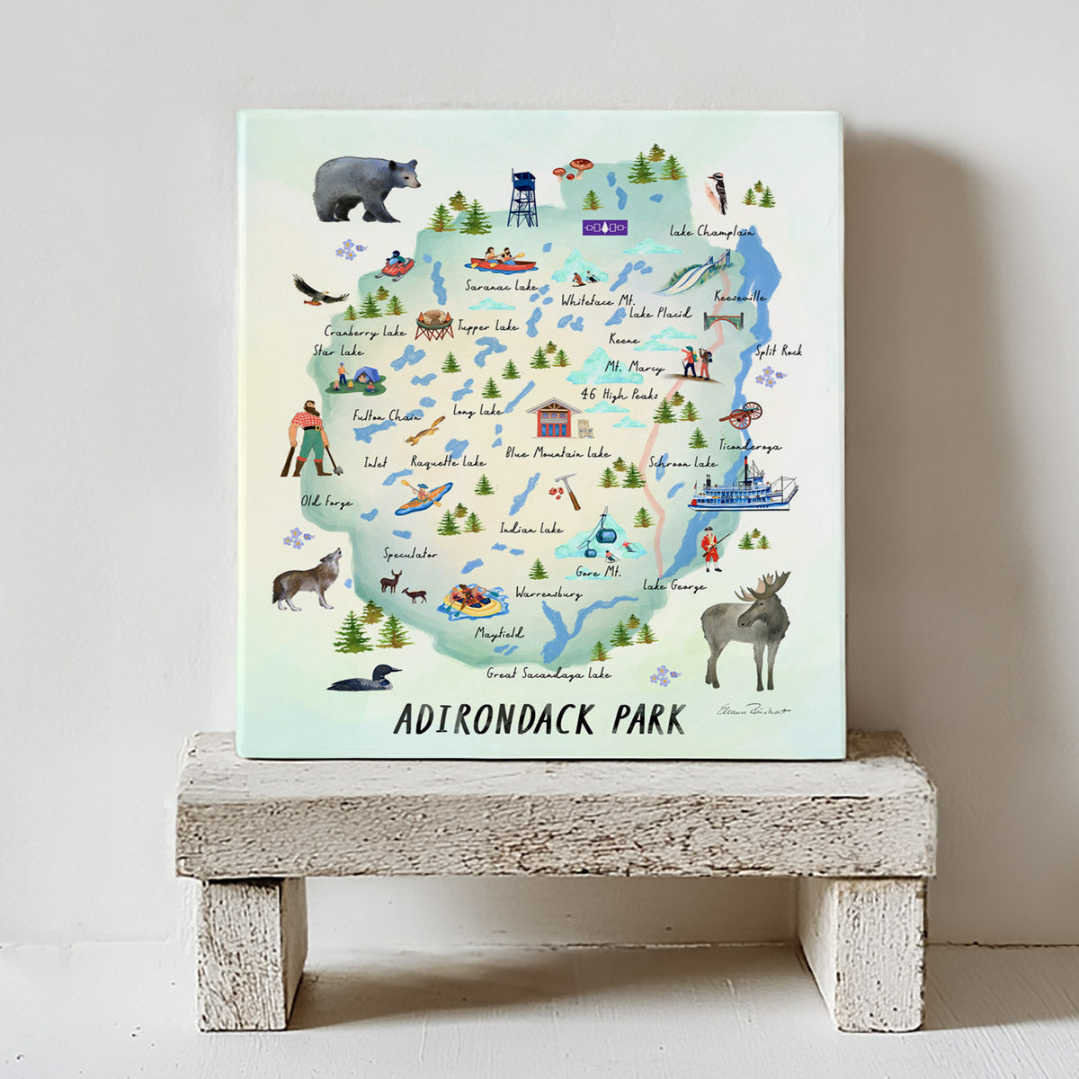 Adirondack Map Ceramic Art Tile – Illustrated Coaster with Cork Backing