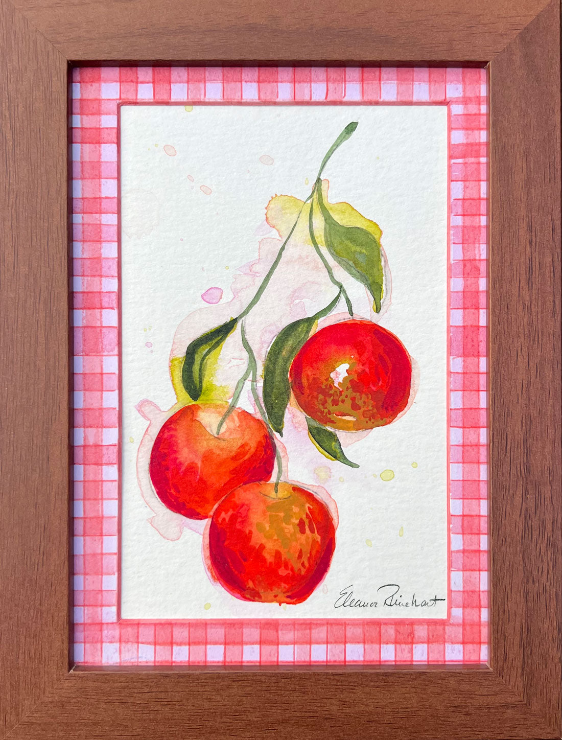 Autumn Orchard Branch — Original Watercolor with Hand-Painted Mat, Black Wood Frame (3.5" x 5.5")
