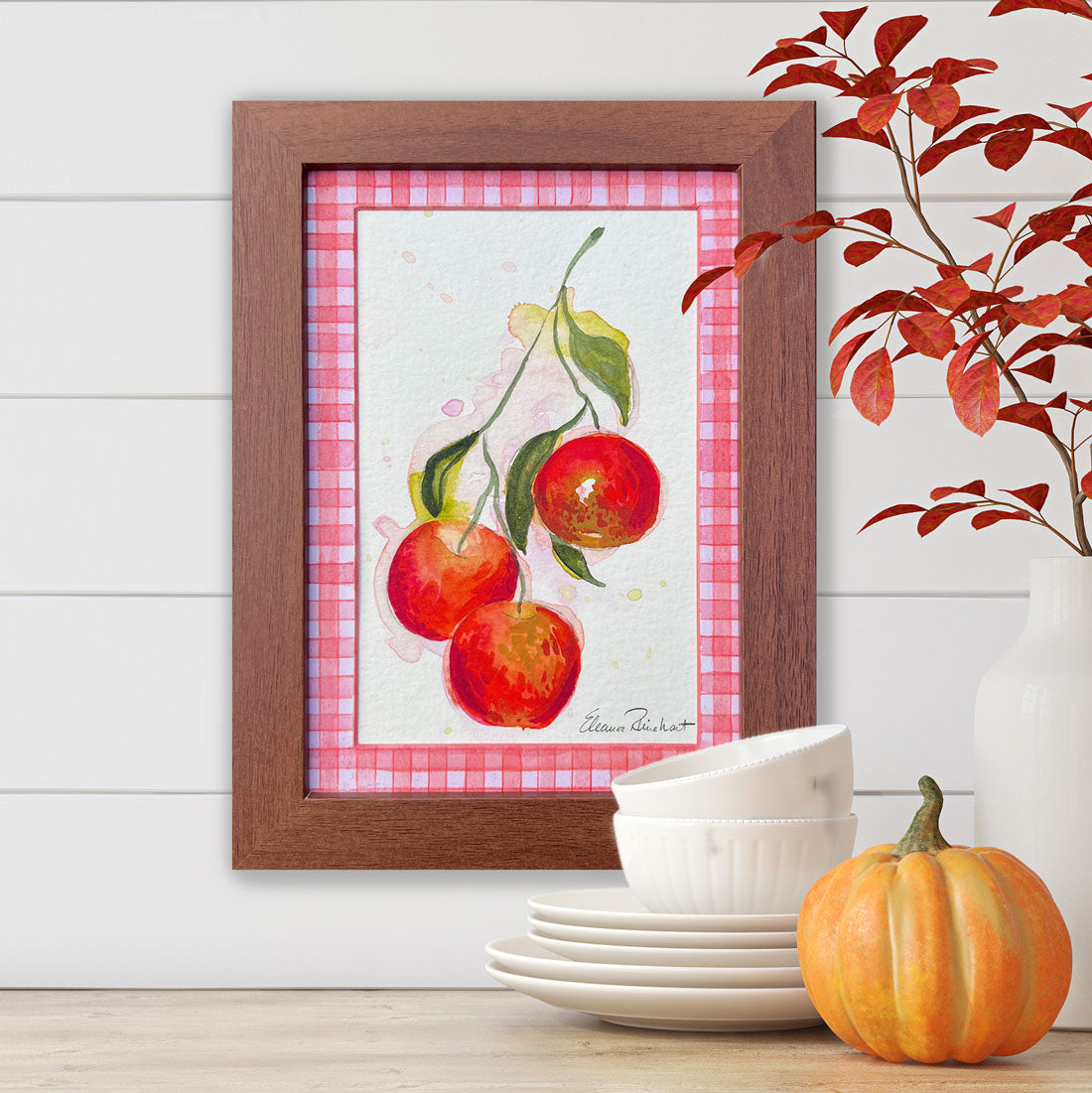 Autumn Orchard Branch — Original Watercolor with Hand-Painted Mat, Black Wood Frame (3.5" x 5.5")