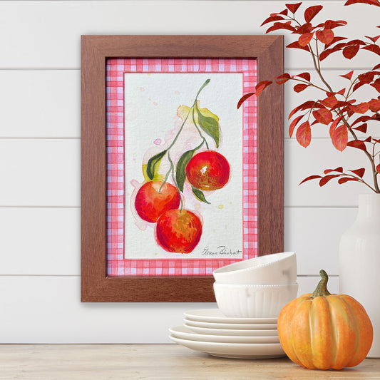 Autumn Orchard Branch — Original Watercolor with Hand-Painted Mat, Black Wood Frame (3.5" x 5.5")