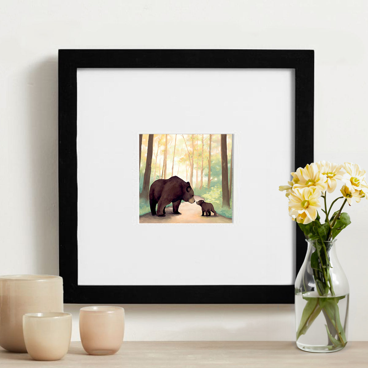 Mother and Cub Black Bears, Adirondack Park Framed Mini Print, Hand Painted Watercolor, 4x4 in 8x8 Frame, Made in the USA