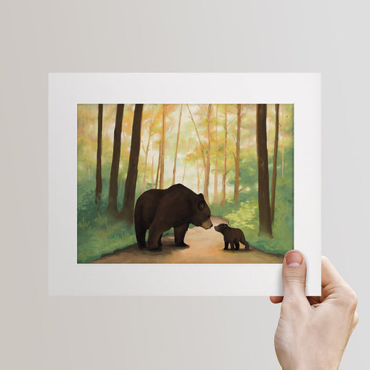 Mother and Baby Bears, Adirondack Park, NY Hand Painted Illustration - Fine Art Print - Made in the USA
