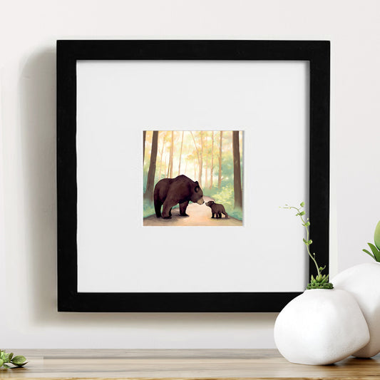 Mother and Cub Black Bears, Adirondack Park Framed Mini Print, Hand Painted Watercolor, 4x4 in 8x8 Frame, Made in the USA