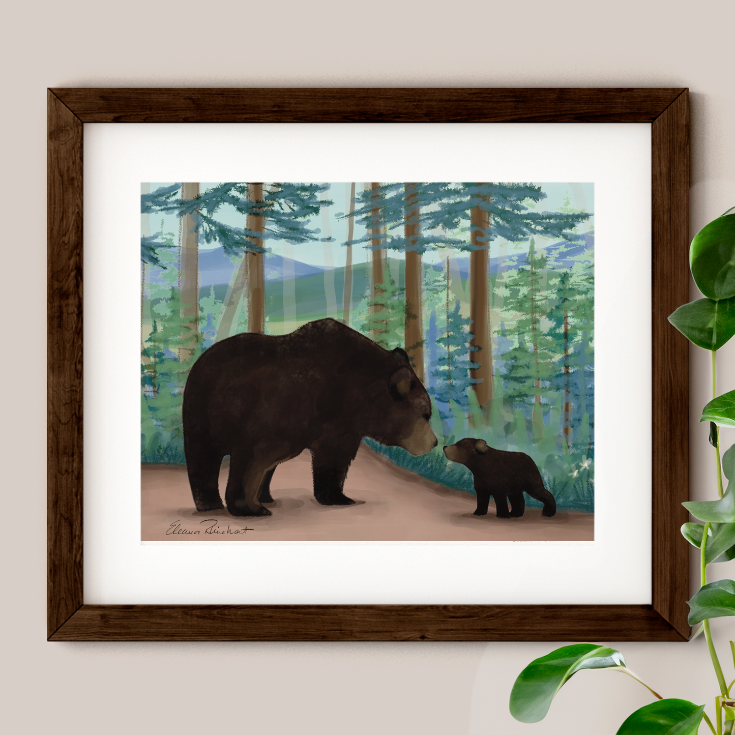 Mother and Baby Bears, Adirondack Park, NY Hand Painted Illustration - Fine Art Print - Made in the USA