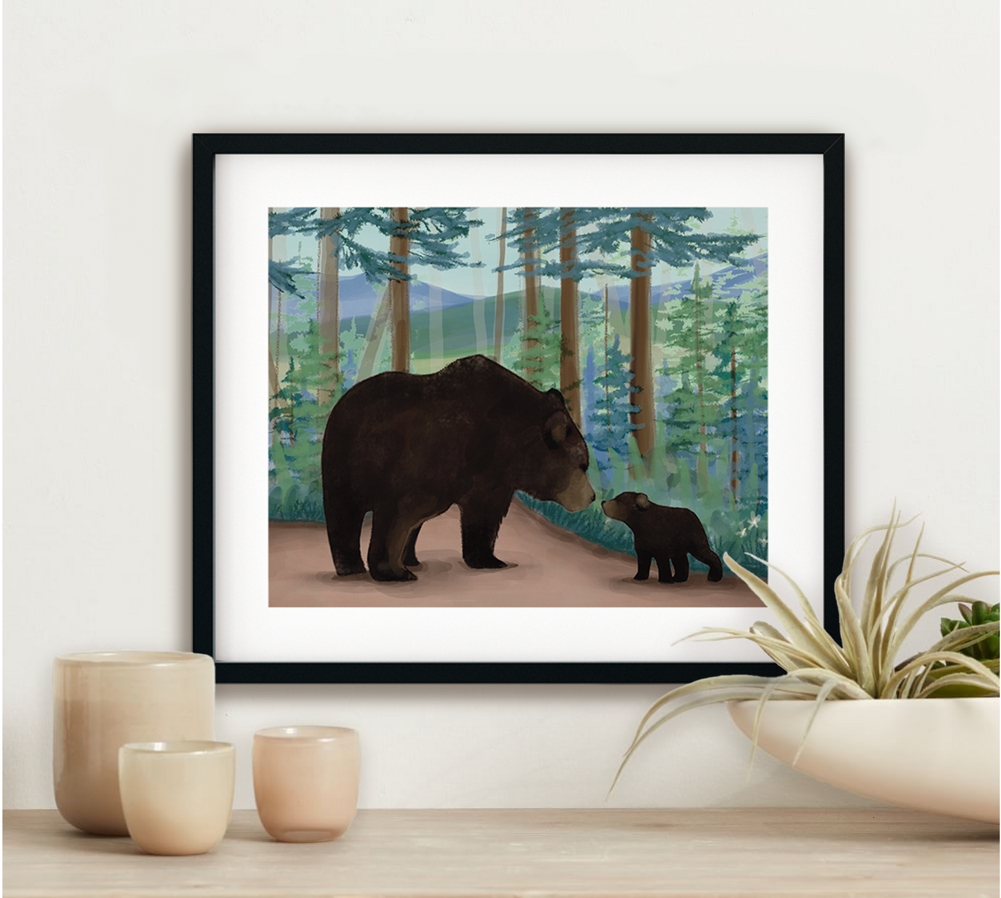 Mother and Baby Bears, Adirondack Park, NY Hand Painted Illustration - Fine Art Print - Made in the USA