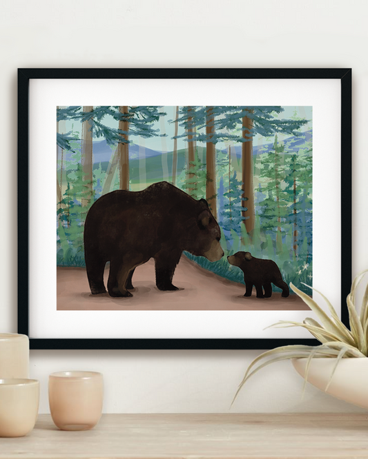 Mother and Baby Bears, Adirondack Park, NY Hand Painted Illustration - Fine Art Print - Made in the USA