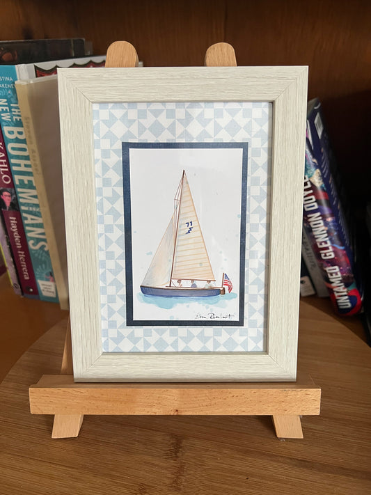 Blue Lightning — Original Watercolor with Collage Mat, White Wood Frame (3.5" x 5.5")