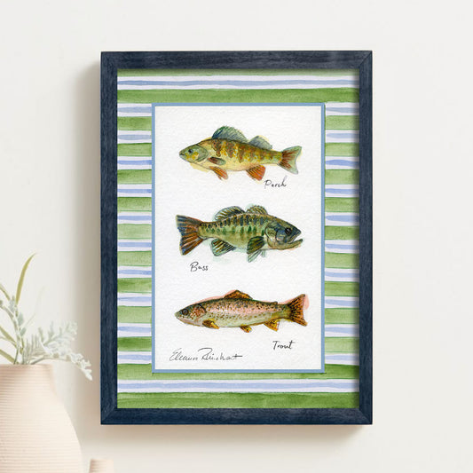 Three Good Reasons - Trout, Bass, Perch fish  — Original Watercolor with Hand-Painted Mat, Brown Wood Frame