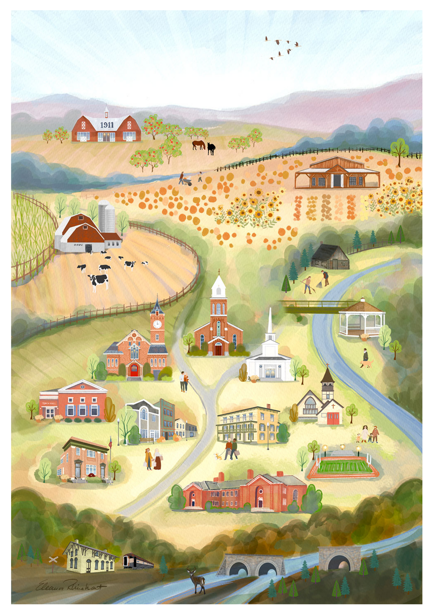 Marcellus NY, Autumn/Fall Hand Painted Illustration,  Folded Notecard Set 5, Made in the USA