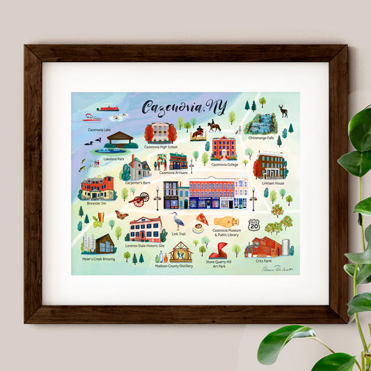 Cazenovia NY Illustrated Map, Hand Painted Illustration - Fine Art Print - Made in the USA
