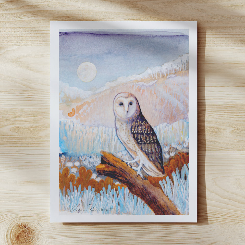 Night Sentinel of the Frozen Fields - Owl in Moonlight - Fine Art Print