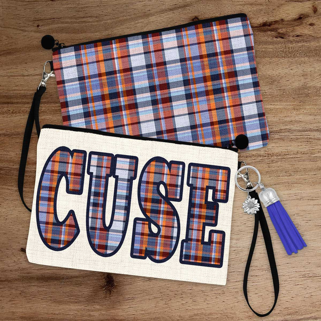 CUSE Orange Blue Cream Plaid Zipper Accessory Pouch with Tassel